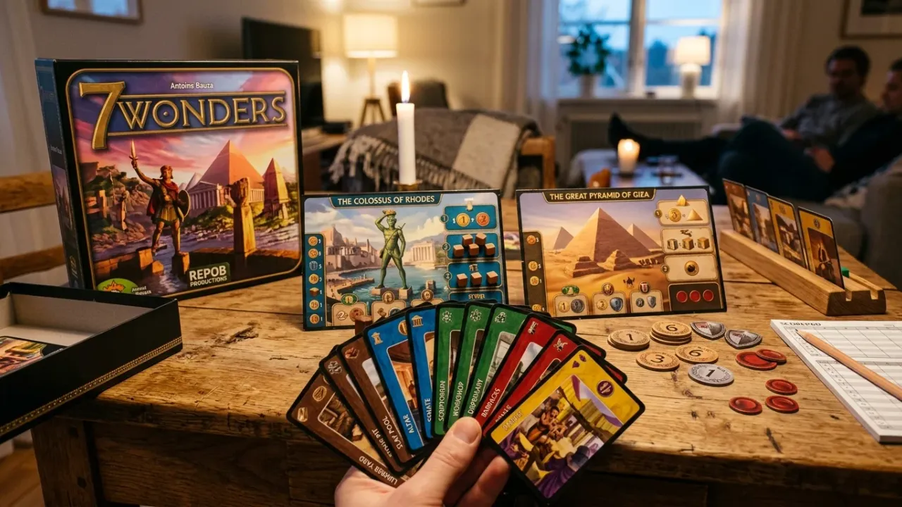7 Wonders regler — komplett snabbguide & poängräkning spelregler, setup och officiella komponenter