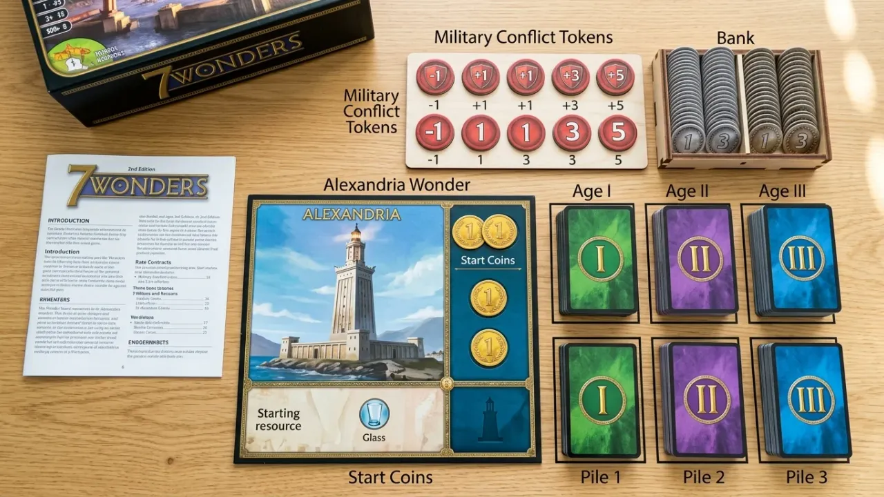 Spelförberedelse och bordslayout för 7 Wonders med underverksbräde, startmynt, konfliktbrickor och kortlekar för tre tidsåldrar