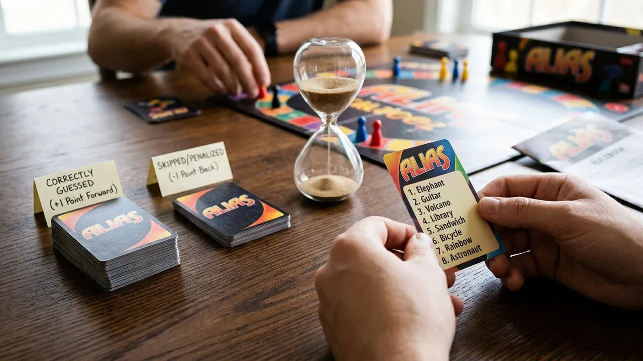 Spelrunda i Alias med ett ordkort i fokus, timglas som rinner ut samt två separata korthögar för rätt gissade ord och minussteg