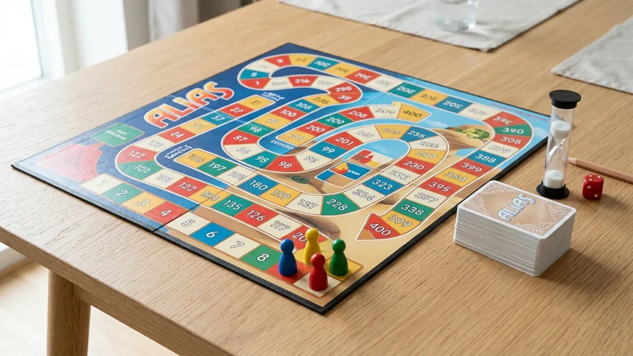 Alias spelförberedelse och bordslayout med utvikt spelplan, färgade spelpjäser på startrutan, timglas och kortlekar med ordkort