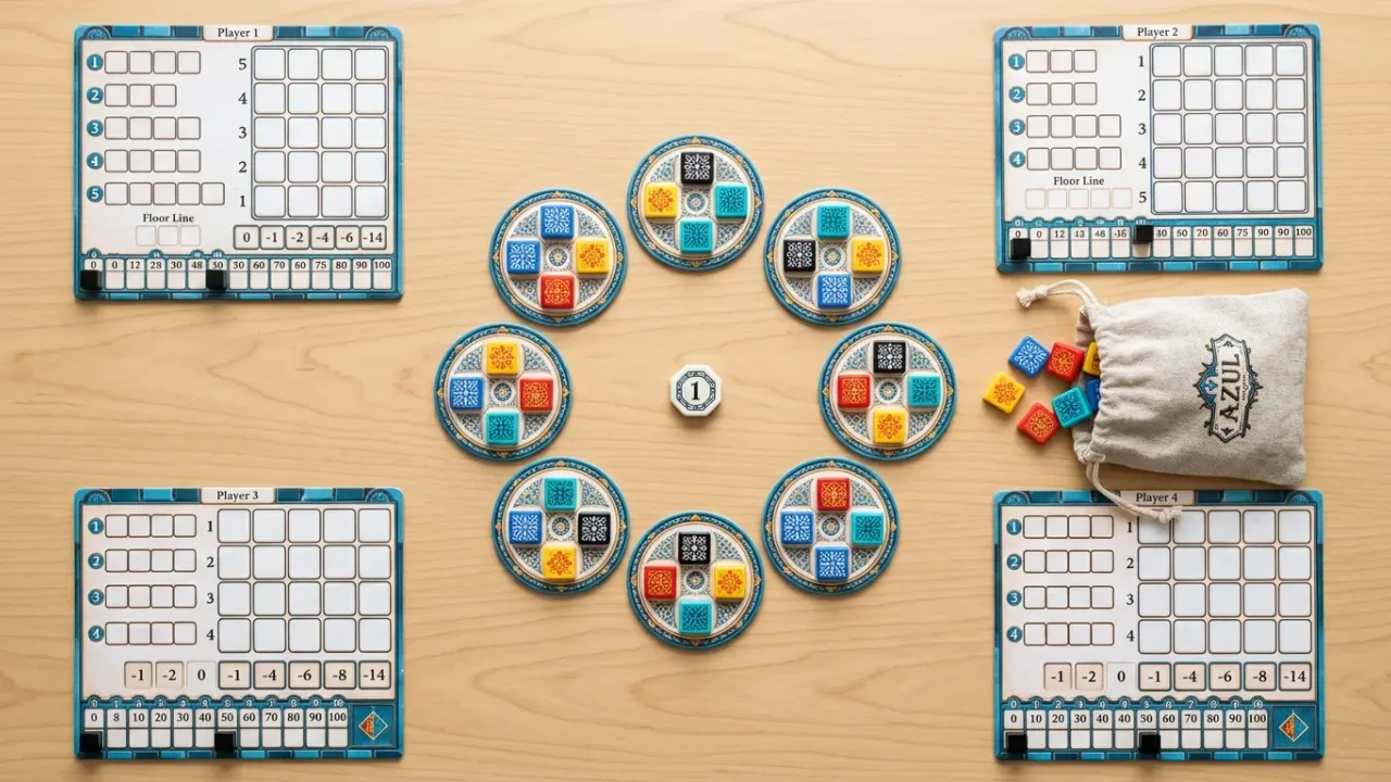 Spelförberedelse för Azul med fabriksbrickor i ring, 4 kakelbrickor per fabrik, startspelarmarkör i mitten och spelarbräden
