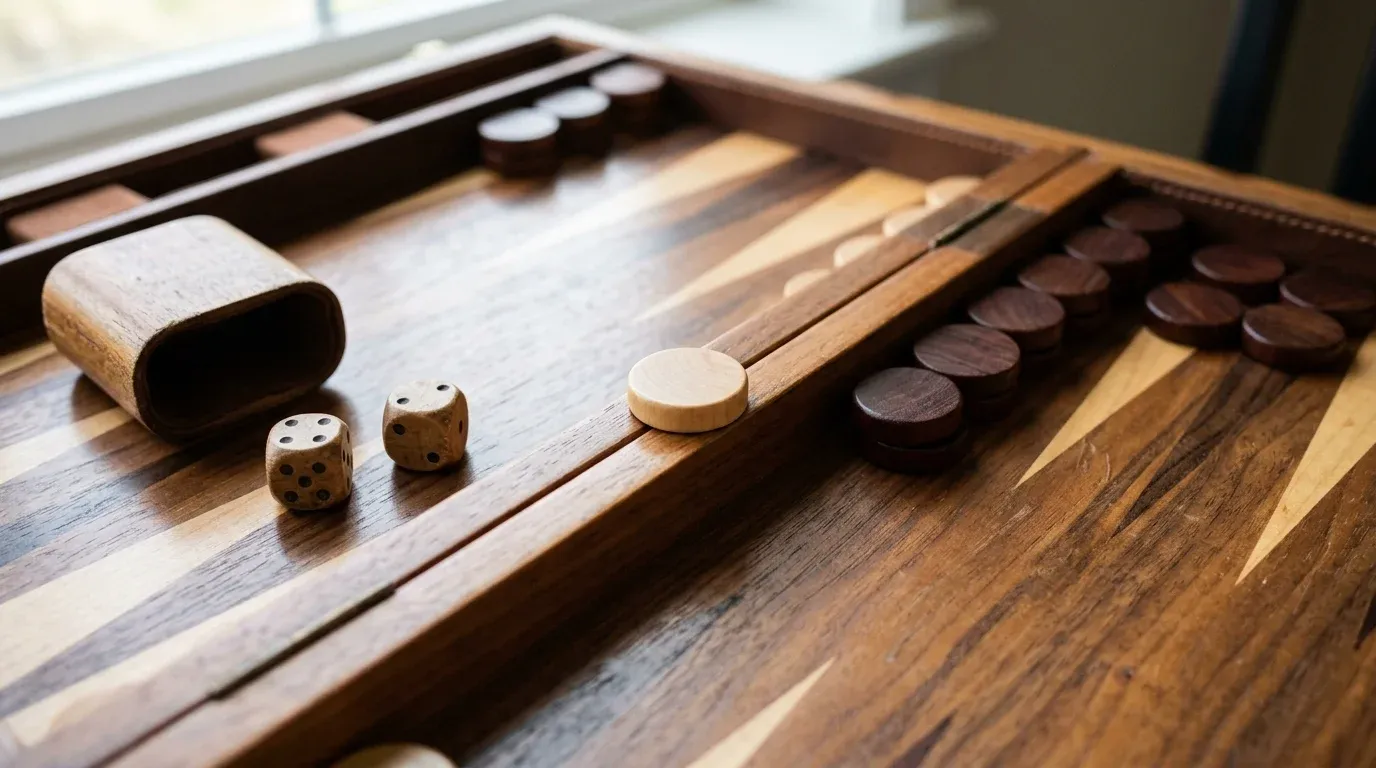 Närbild på en utslagen vit bricka placerad på baren i Backgammon medan mörka brickor bildar blockad