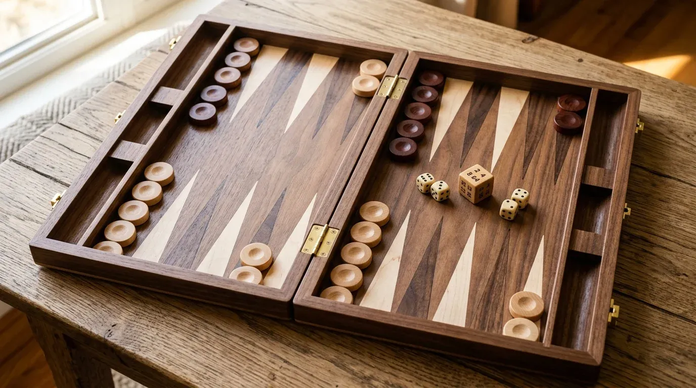 Korrekt startuppställning av ett backgammonbräde med 15 ljusa och 15 mörka brickor på sina startpunkter