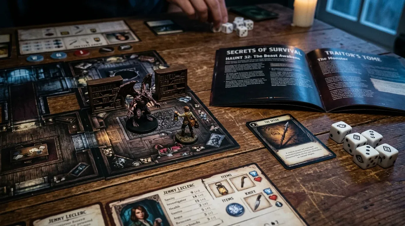 Strid och hemsökelse i Betrayal at House on the Hill med böckerna Traitor's Tome och Secrets of Survival, varselkort och specialtärningar