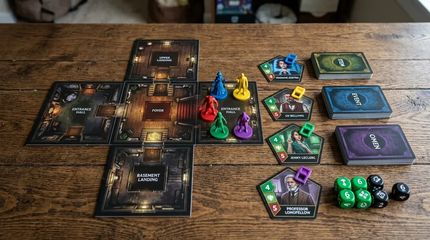 Startuppställning i Betrayal at House on the Hill med de tre startbrickorna för markplan, övre plan och källare samt karaktärskort och tärningar