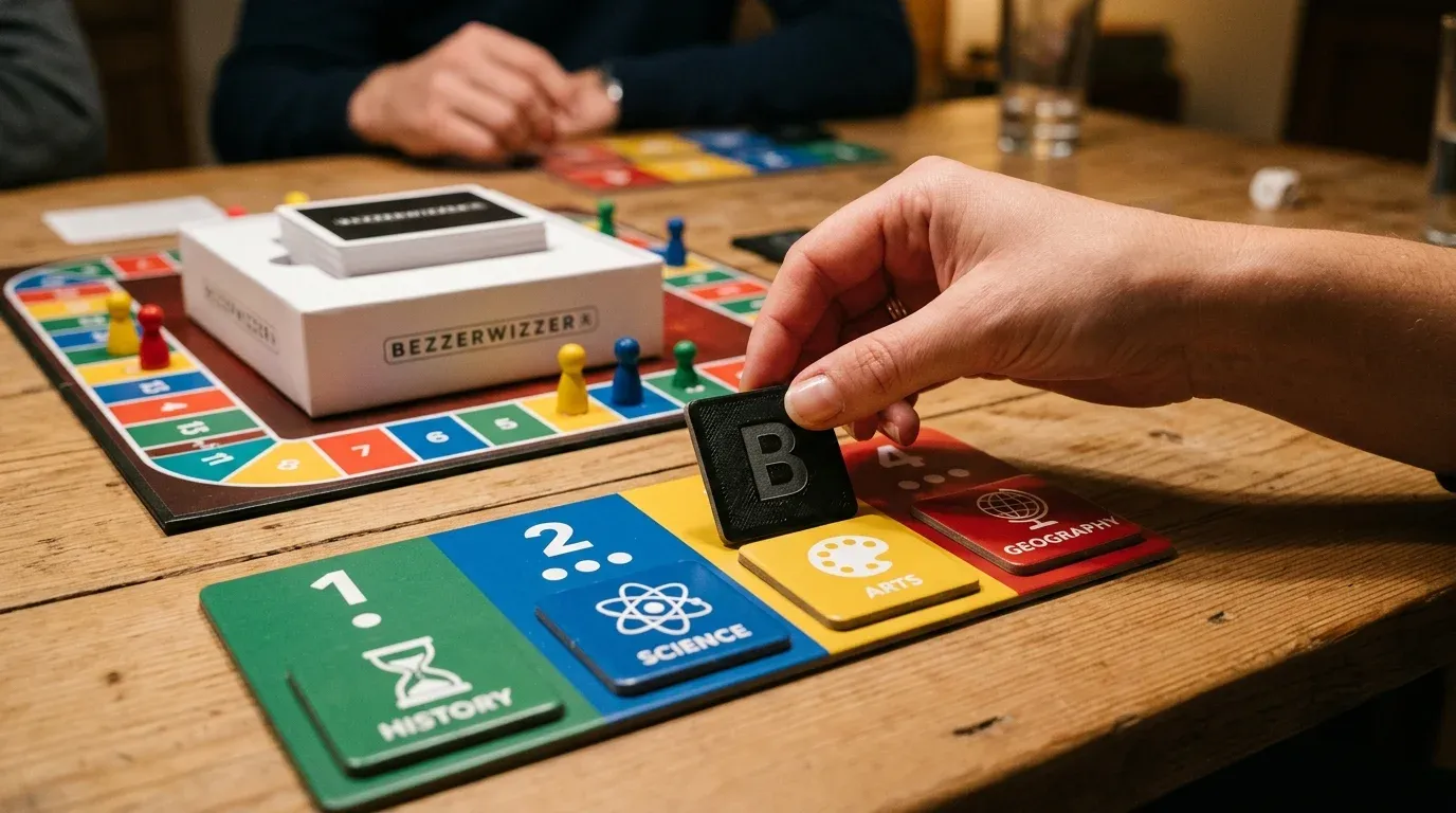 Spelmoment i Bezzerwizzer: En spelare lägger en svart B-bricka för att utmana en motståndares fråga och stjäla poäng