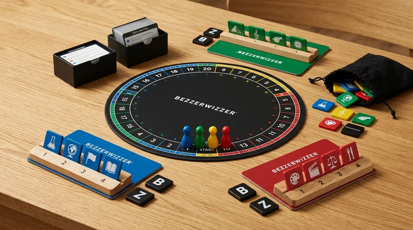 Spelförberedelse och bordslayout i Bezzerwizzer med spelplan, korthållare och lagens hus med B- och Z-brickor