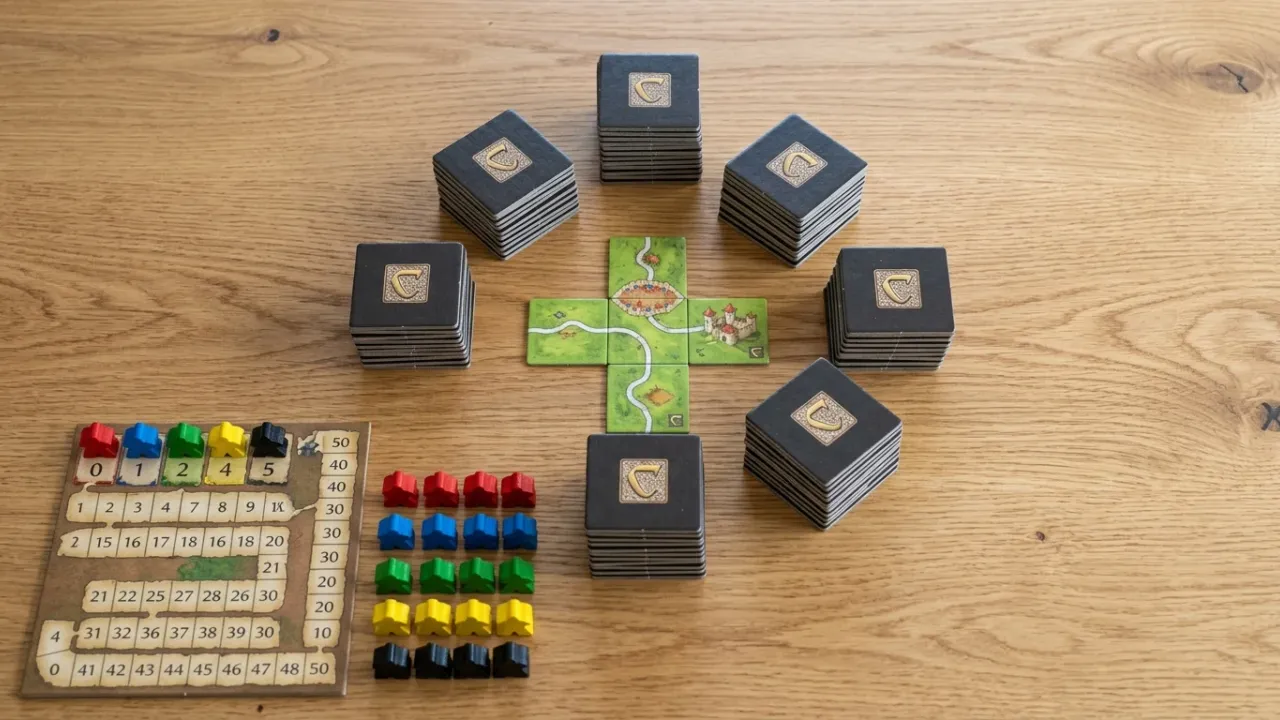 Spelförberedelse och startuppställning av Carcassonne med mörk startbricka, draghögar och meeples