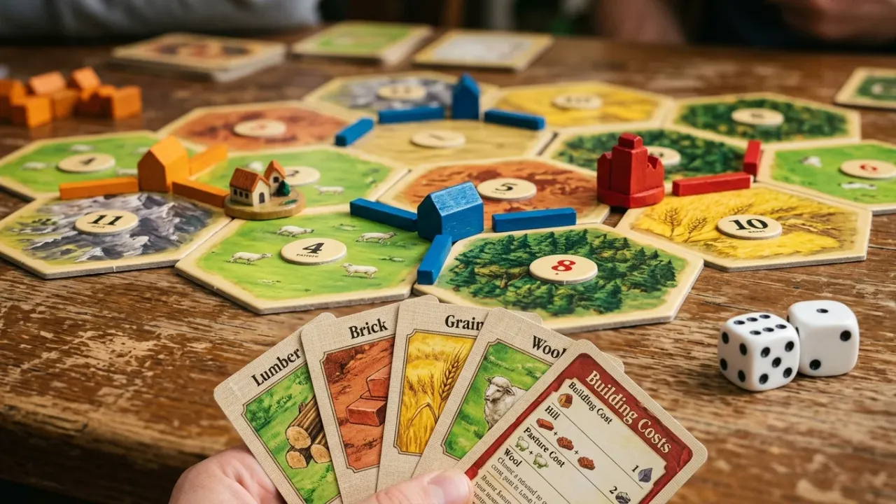 Byggregler i Catan — avståndsregeln för byar, städer och vägar med råvarukostnader