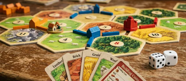 Catan spelplan med byar, städer, vägar och byggkostnadskort