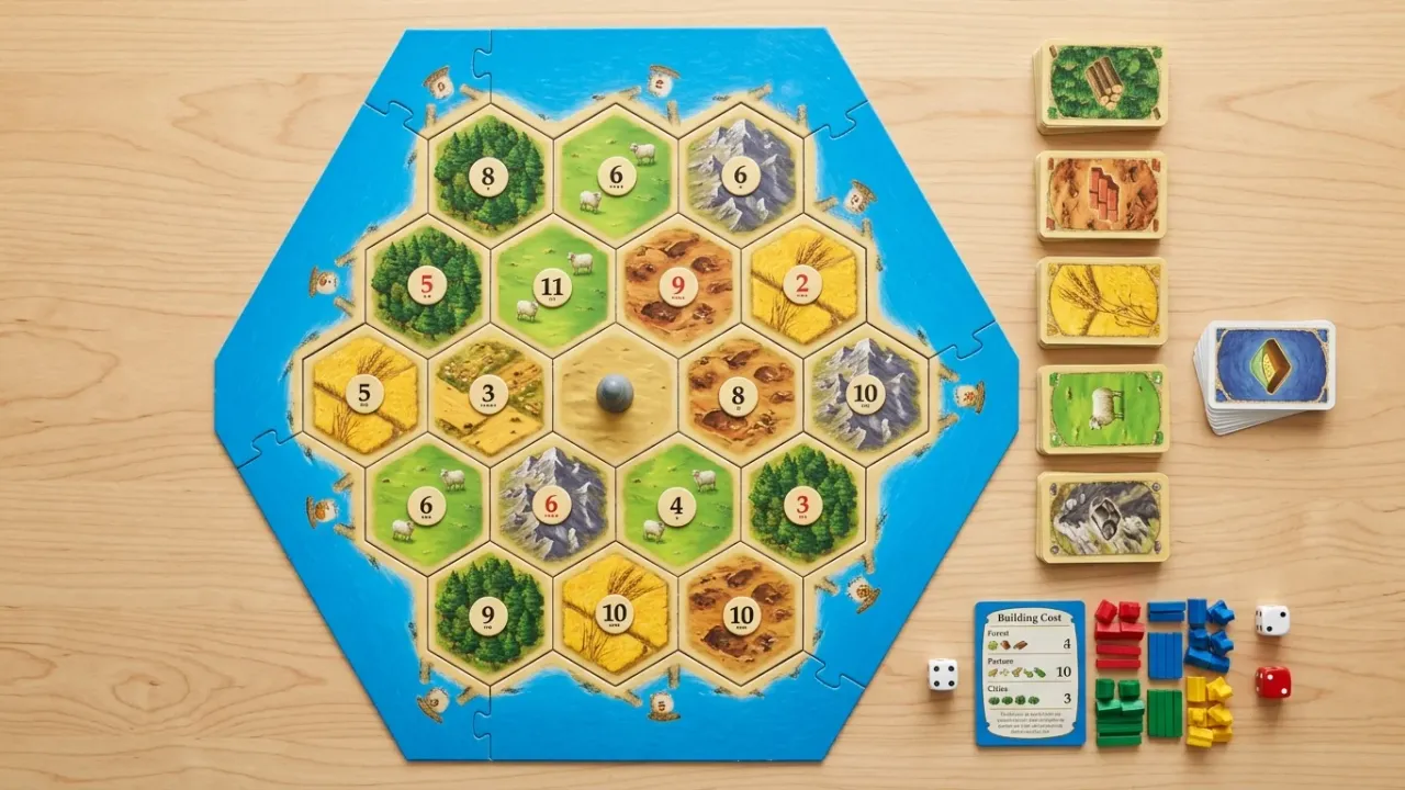 Spelförberedelse och startuppställning av Catan med 19 landskapsbrickor, havsram och siffermarkörer