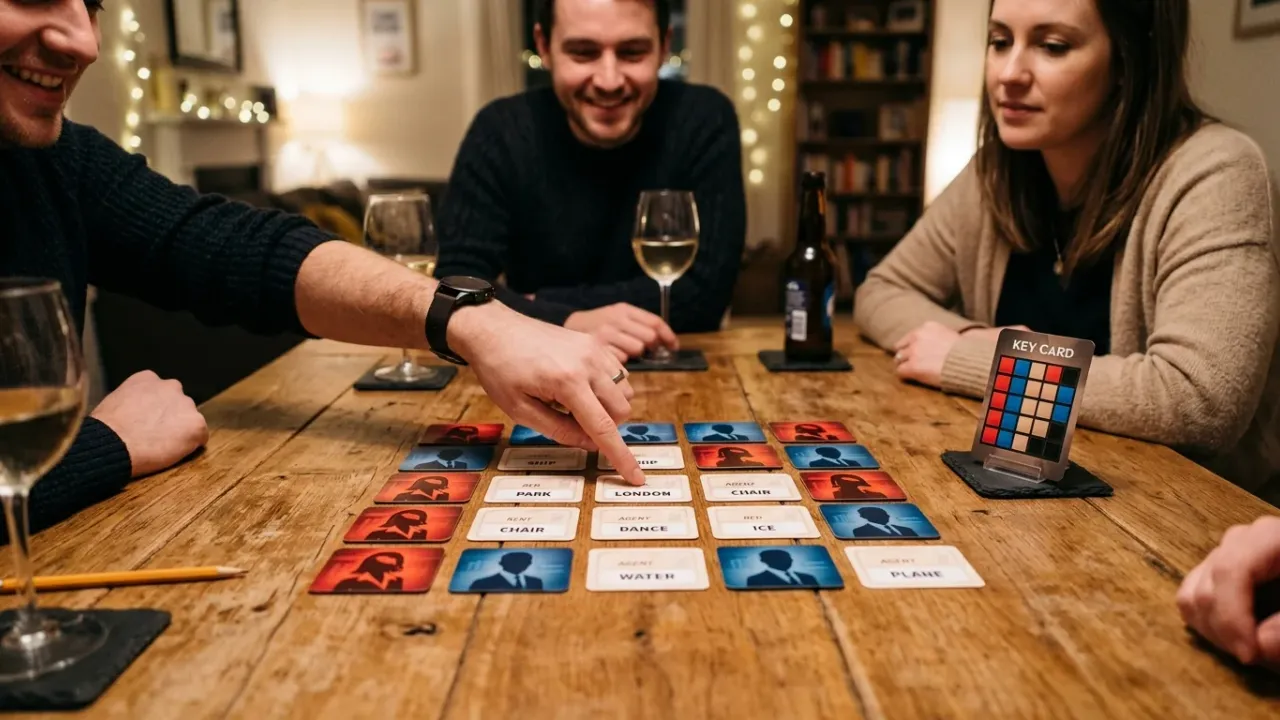 Parti av Codenames i full gång med vänner runt bordet, fältagent som pekar på ett kort och röda och blå agentbrickor utlagda