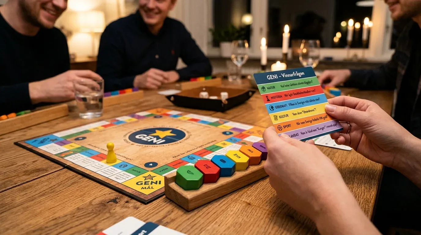 Geni slutfas och vinnarfråga med spelpjäs fylld med alla 6 Geni-brickor på väg in mot målrutan i mitten