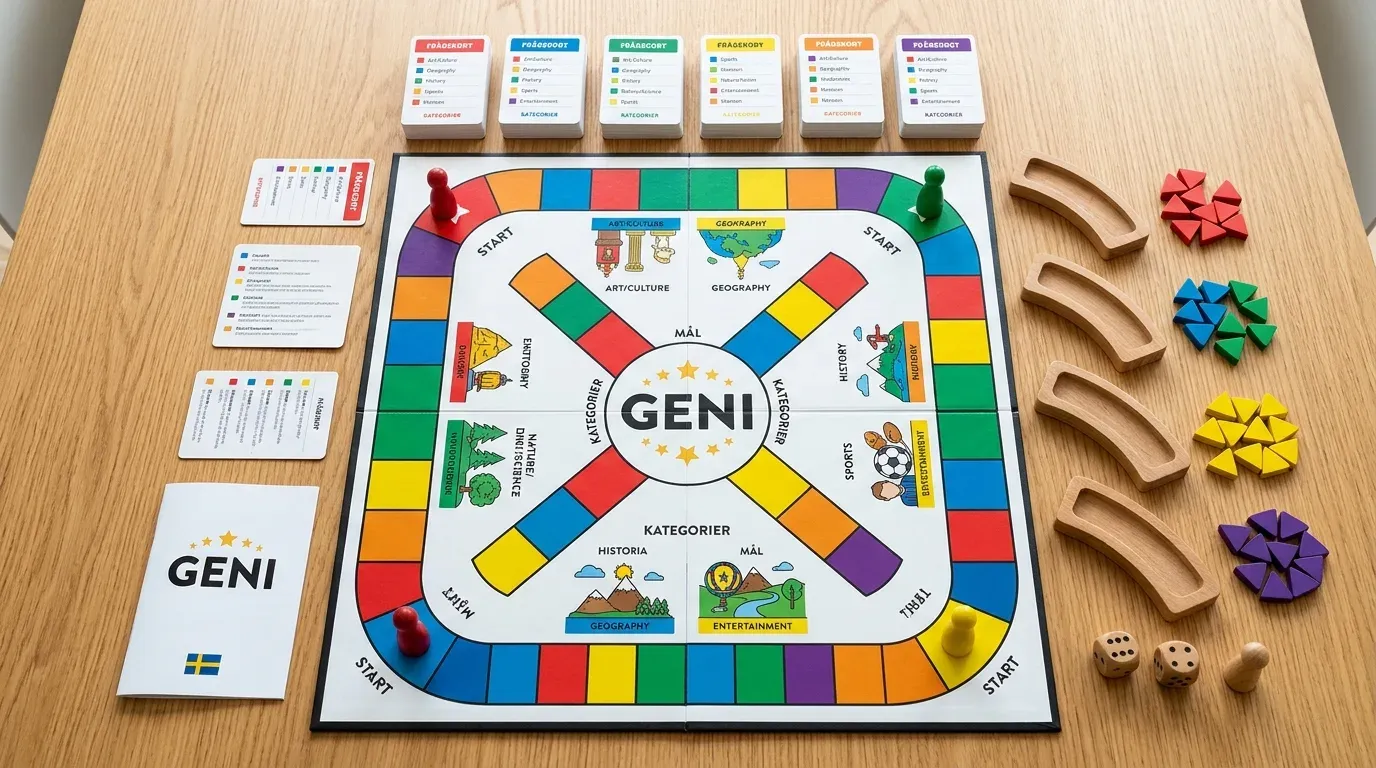 Geni spelförberedelse och bordslayout med utvikt spelplan, färgade spelpjäser på startfälten, frågekort i sex kategorier och Geni-brickor
