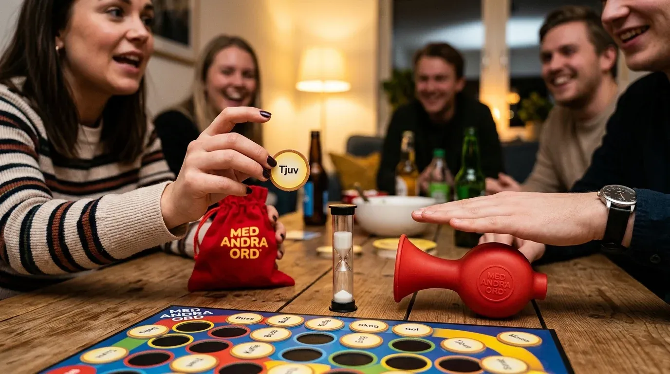Spelmoment i Med andra ord där en spelare förklarar ett ord med gester medan motståndaren håller i tutan redo att vissla