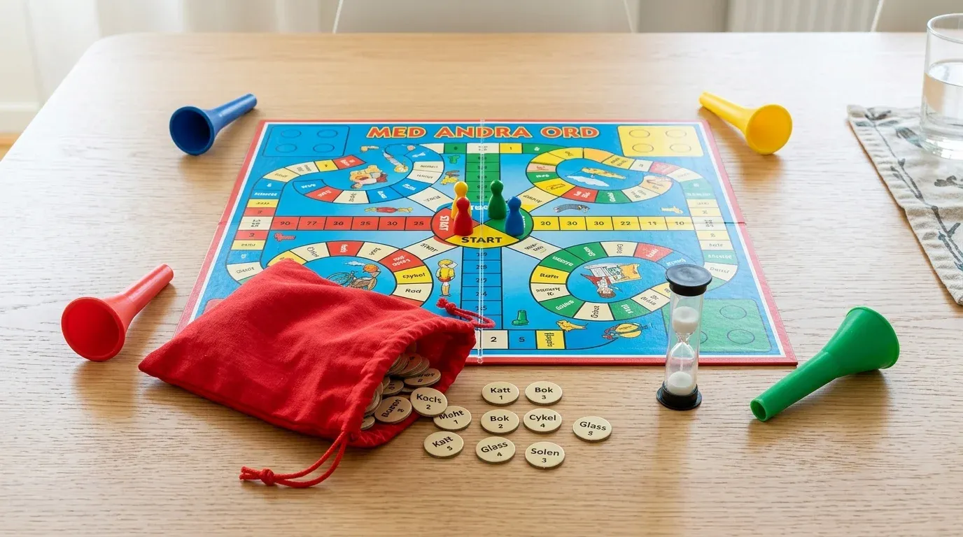 Med andra ord spelförberedelse och bordslayout med spelplan, ordpolletter i tygpåse, timglas och färgade tutor