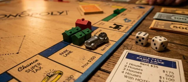 Monopol spelplan med hus, hotell och tärningar vid Fri parkering