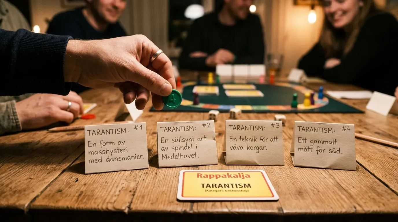 Rappakalja bluffmoment och röstning med hemliga definitioner på papperslappar och spelare som röstar