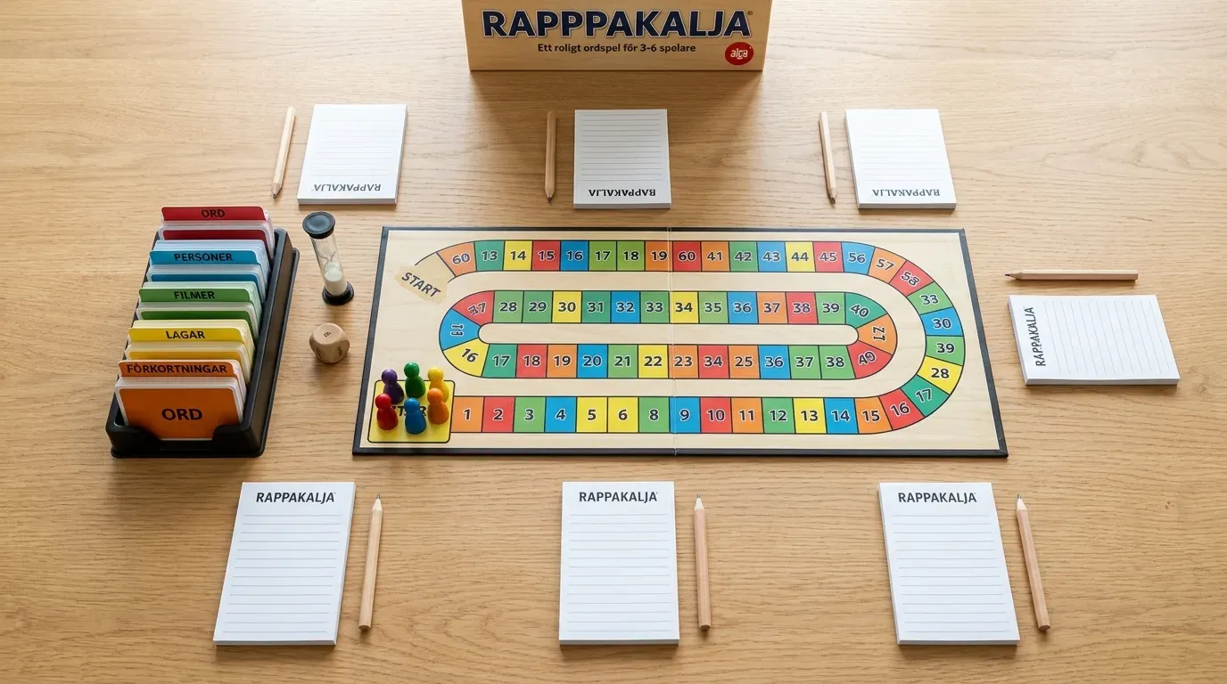 Rappakalja startuppställning med utvikt spelplan, färgade spelpjäser på startrutan, frågekort i fem kategorier och anteckningsblock med pennor