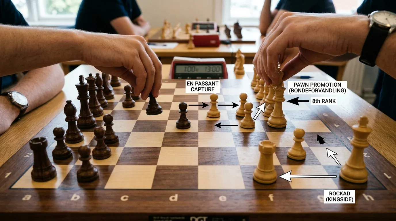 Demonstration av schackregler: rockad, bondeförvandling och en passant vid spelbordet
