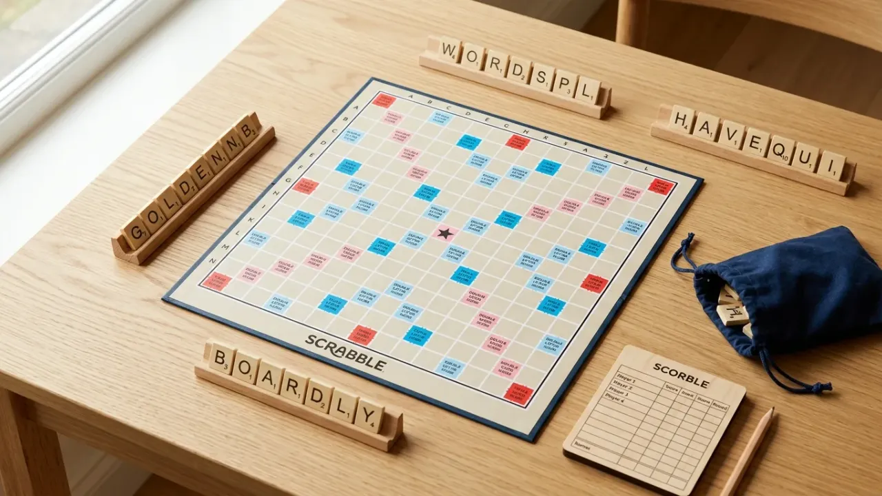 Spelförberedelse för Scrabble med 15x15 spelplan, fyra brickställ med 7 bokstavsbrickor, tygpåse och poängblock