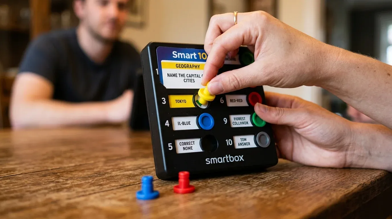 Spelmoment i Smart 10 där en spelare lyfter en svarsplugg och balanserar risken att svara eller passa