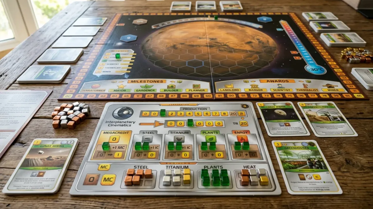 Spelförberedelse och startuppställning av Terraforming Mars med spelarbräde, produktionsspår och Mars-karta