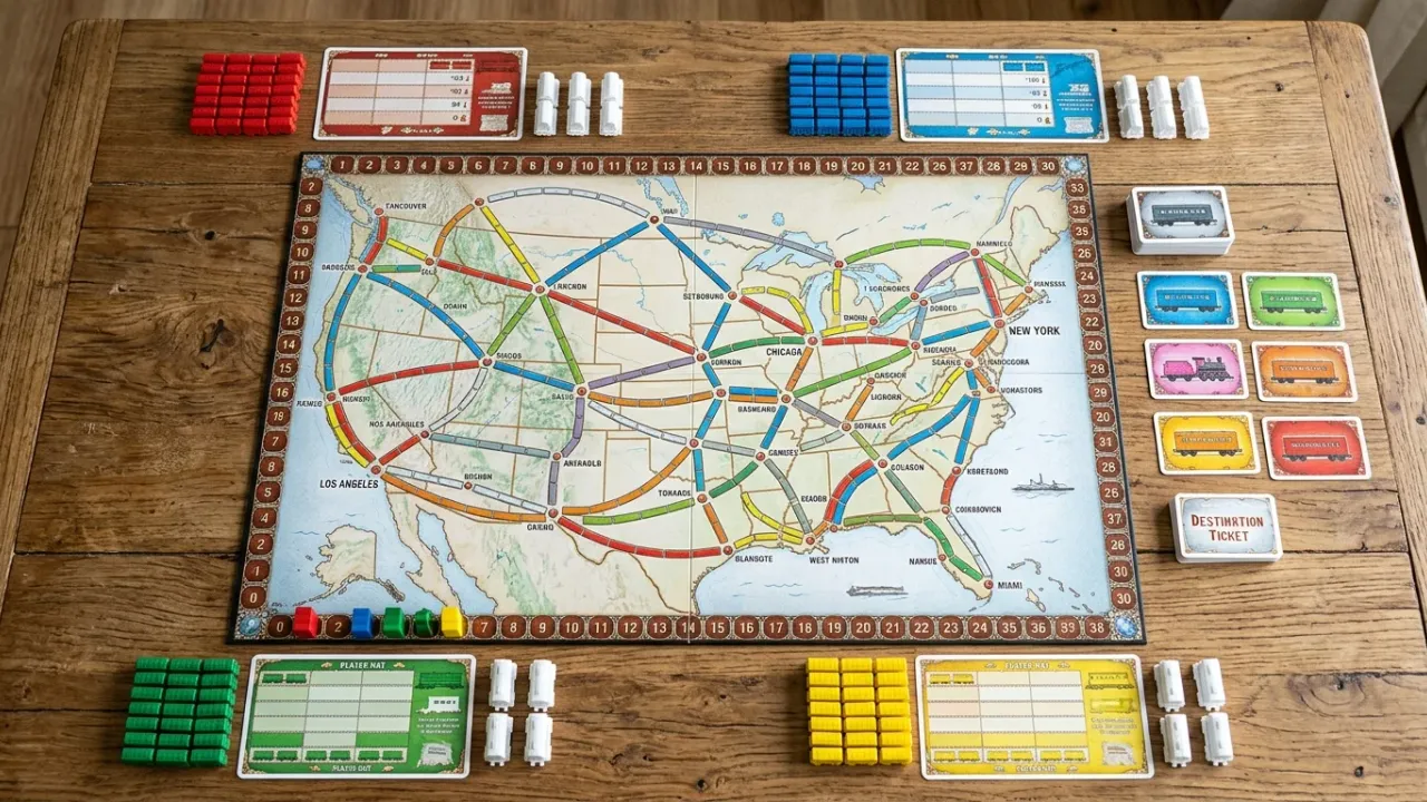 Spelförberedelse och startuppställning av Ticket to Ride med 45 tågvagnar och 5 öppna tågkort