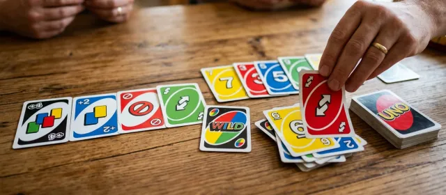 Uno kortlek med +4, +2 och vändkort på spelbordet